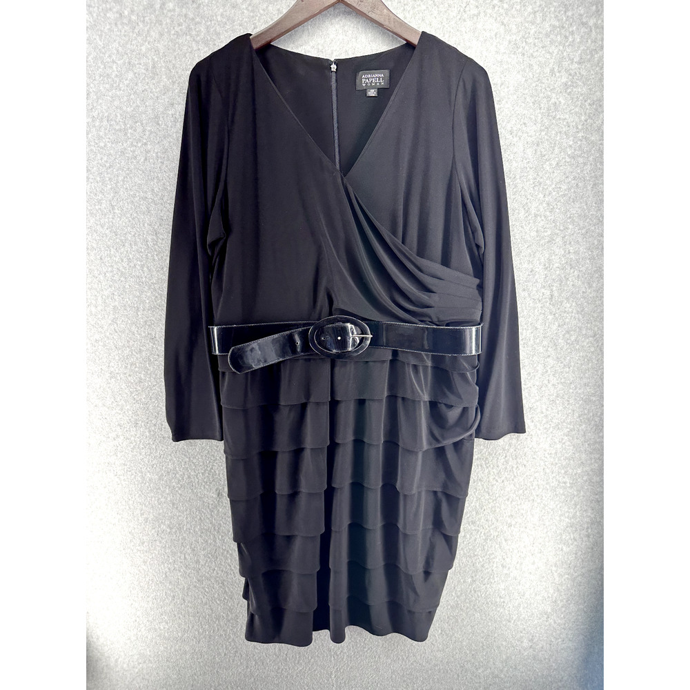 Adrianna Papell Womens Belted V-Neck Sheath Dress Size 14W Black Long Sleeve